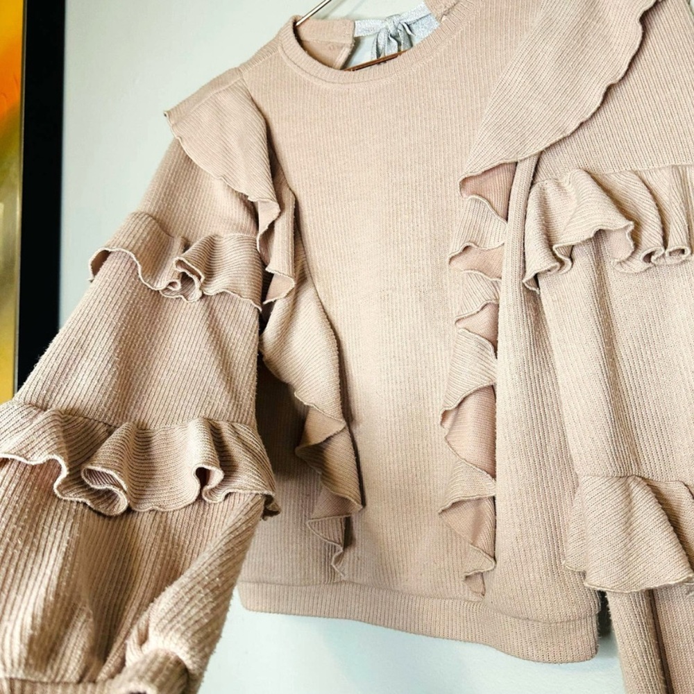 Saylor Avian Light Pink Ribbed Cascade Ruffle Tie Back Sweater Size Extra Small - Picture 4 of 8
